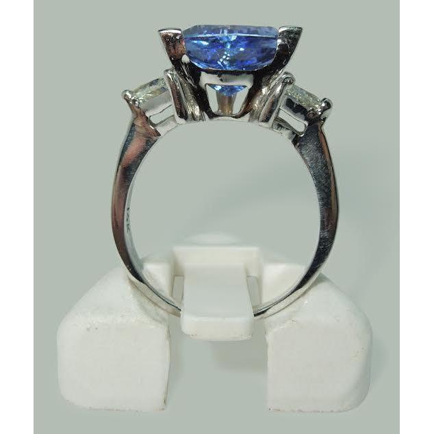 Three Stone Ring Trilliant Cut Blue Diamond Gemstone 6.5 Carats WG 14K
