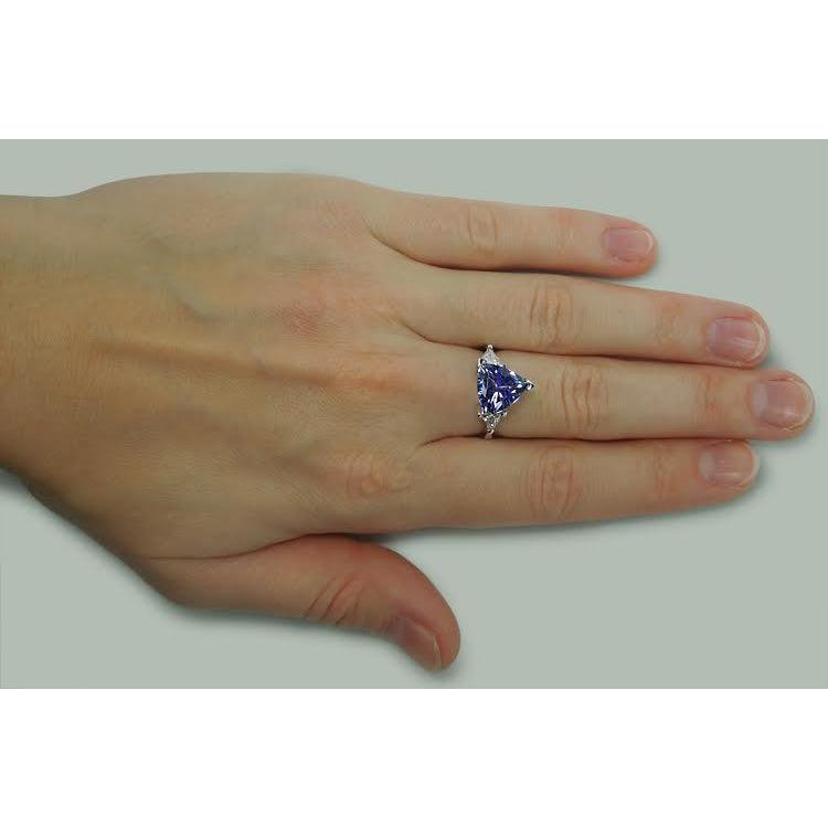 Three Stone Ring Trilliant Cut Blue Diamond Gemstone 6.5 Carats WG 14K
