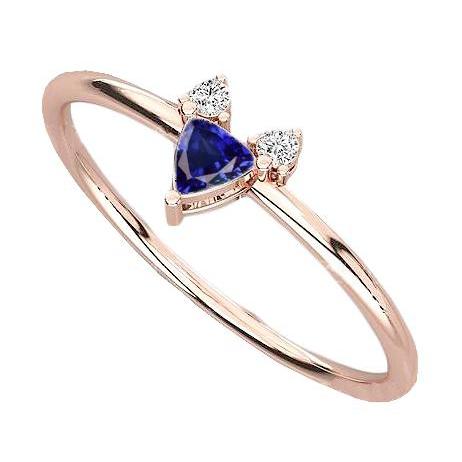 Three Stone Ring Trillion Blue Sapphire 0.75 Carats Rose Gold Jewelry