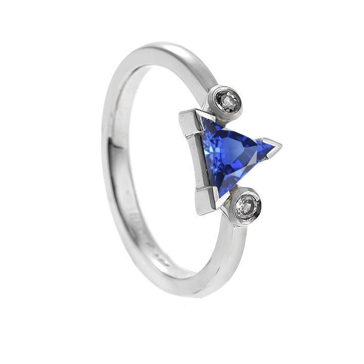 Three Stone Ring Trillion V Prong Ceylon Sapphire 1.25 Carats Gold