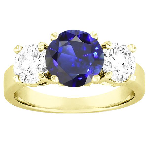 Three Stone Round Blue Sapphire & Diamond Ring 5 Carats Jewelry