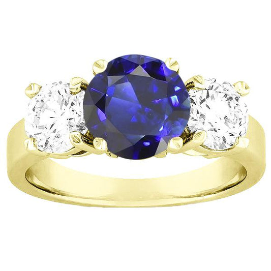 Three Stone Round Blue Sapphire & Diamond Ring 5 Carats Jewelry