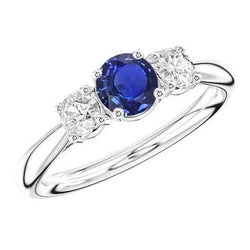 Three Stone Round Blue Sapphire & Natural Earth Mined Diamond Ring Jewellery 1.50 Carats