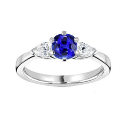 Three Stone Round Blue Sapphire Ring & Pear Diamonds 1.25 Carats