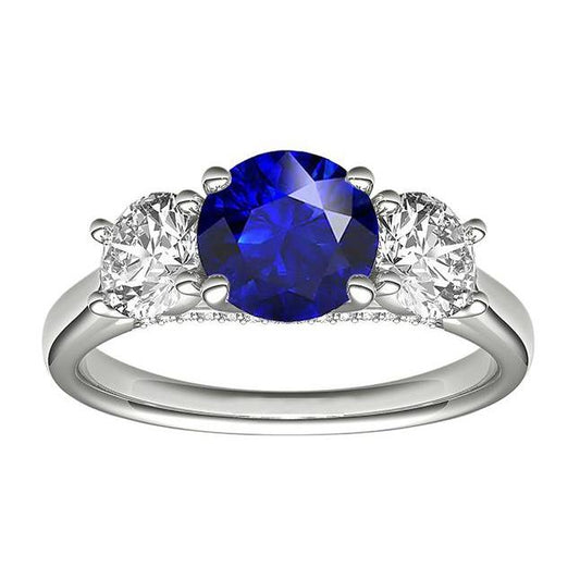 Three Stone Round Blue Sapphire Ring & Round Diamonds 2.50 Carats