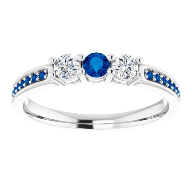 Three Stone Style Diamond & Sapphire Ring 1.50 Carats White Gold 14K