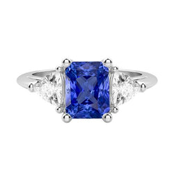 Three Stone Trillion Diamond Ring Natural Blue Sapphire 2 Carat Prongs