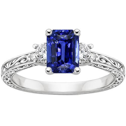 Three Stones Ring Antique Style Blue Sapphire & Diamonds 4.50 Carats