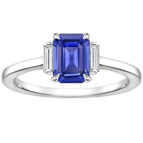 Three Stones Ring Emerald Blue Sapphire & Baguette Diamonds 4 Carats