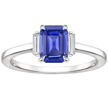 Three Stones Ring Emerald Blue Sapphire & Baguette Diamonds 4 Carats