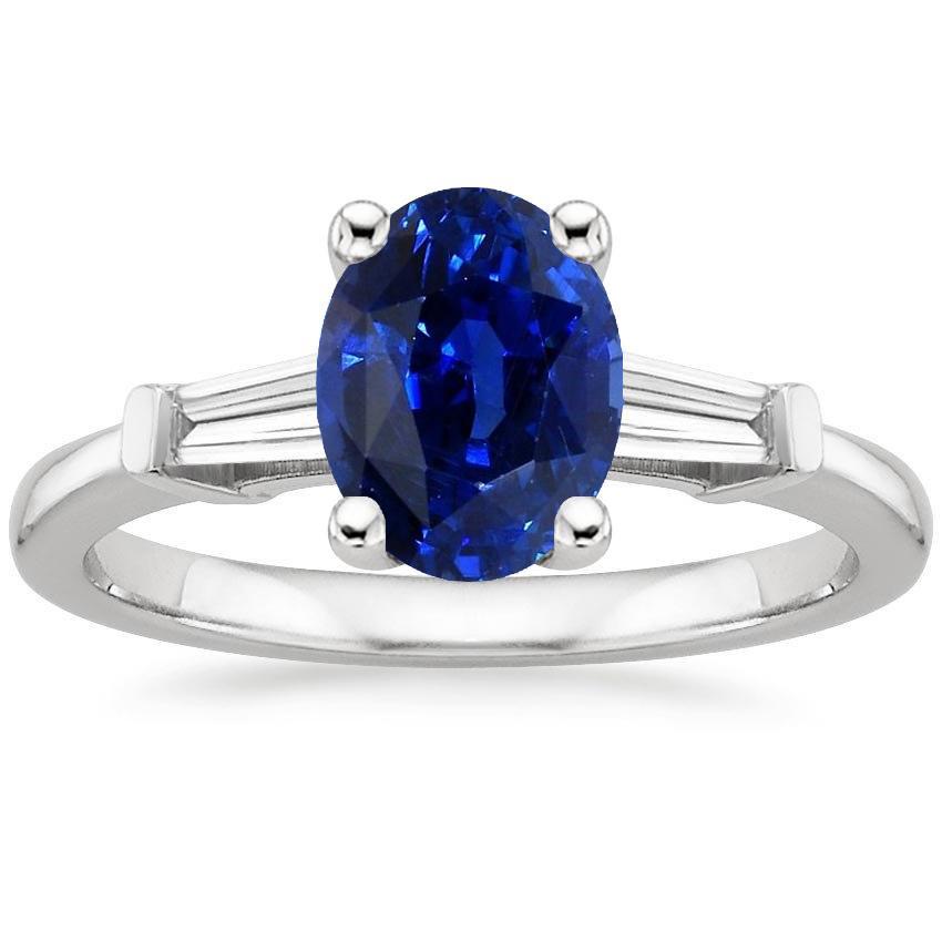 Three Stones Ring Oval Ceylon Sapphire & Baguette Diamonds 3 Carats