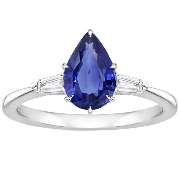 Three Stones Ring Pear Blue Sapphire & Baguette Diamonds 3 Carats