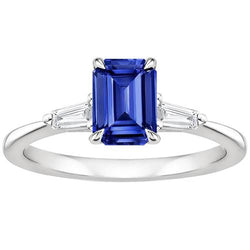 Three Stones Ring White Gold Ceylon Sapphire & Natural Earth Mined Diamond 3.50 Carats