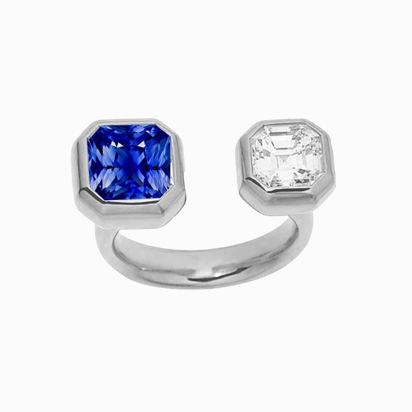 Toi et Moi Asscher Diamond Ring Bezel Set Radiant Sapphire 2.50 Carats