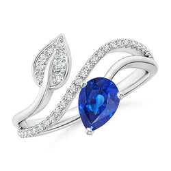 Toi et Moi Diamond Women's Ring Pear Blue Sapphire 4 Carats Leaf Style