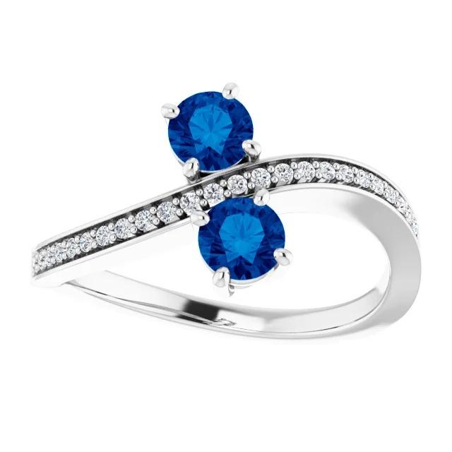 Toi et Moi Round Diamond Blue Sapphire Ring White Gold 14K 2.60 Carats