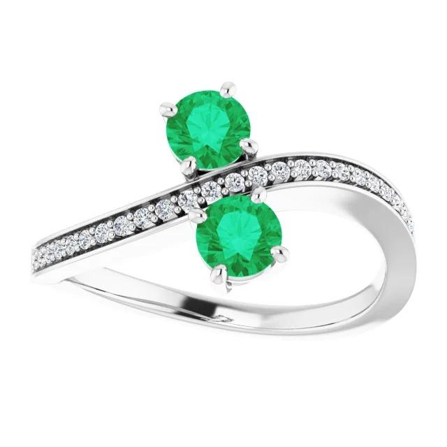 Toi et Moi Round Green Emerald 2.60 Carats Diamond Ring White Gold 14K