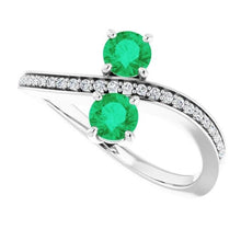 Toi et Moi Round Green Emerald 2.60 Carats Diamond Ring White Gold 14K