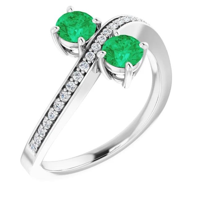 Toi et Moi Round Green Emerald 2.60 Carats Diamond Ring White Gold 14K