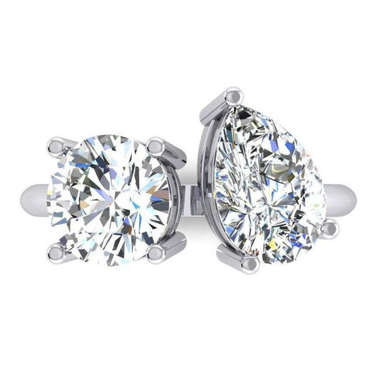 Toi et Moi Two Stone Round & Pear Diamond Ring 4 Carats White Gold 14K