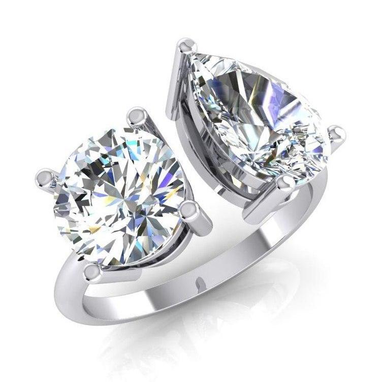 Toi et Moi Two Stone Round & Pear Diamond Ring 4 Carats White Gold 14K