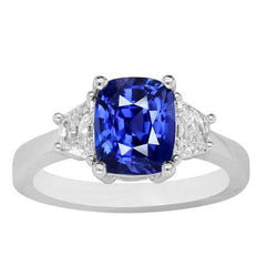 Trapezoid Diamond & Cushion Blue Sapphire 3 Stone Ring 2.50 Carats