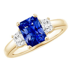 Trapezoid & Radiant Sapphire 3 Stone Diamond Ring 3 Carats Yellow Gold