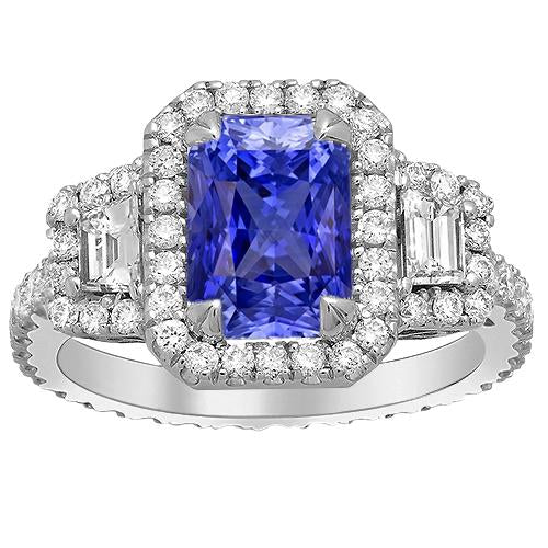 Trapezoid & Round Diamond Halo Ring Gold Ceylon Sapphire 4.50 Carats