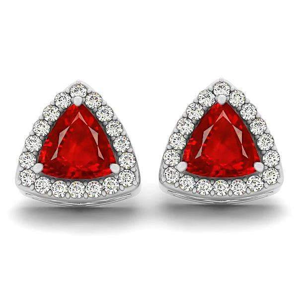 Trillion Cut Ruby With Diamonds 4 Cts. Halo Studs Earrings White Gold 14K
