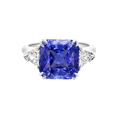 Trillion Diamond 3 Stone Ring 2.50 Carats Double Prong Ceylon Sapphire