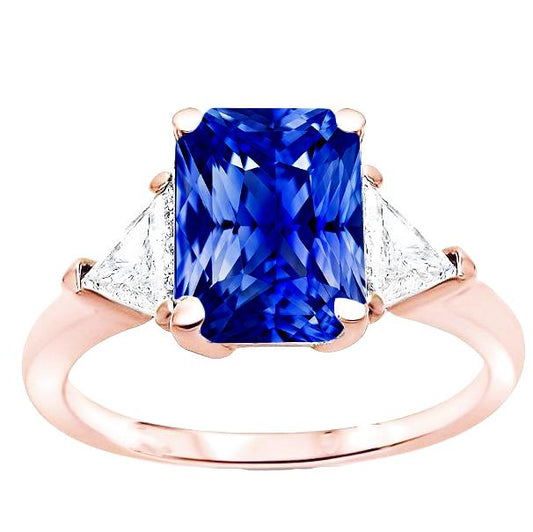 Trillion Diamond 3 Stone Ring Radiant Sapphire Rose Gold 3 Carats