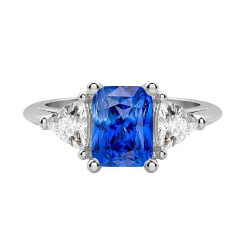 Trillion Diamond Three Stone Radiant Ceylon Sapphire Ring 2.50 Carats