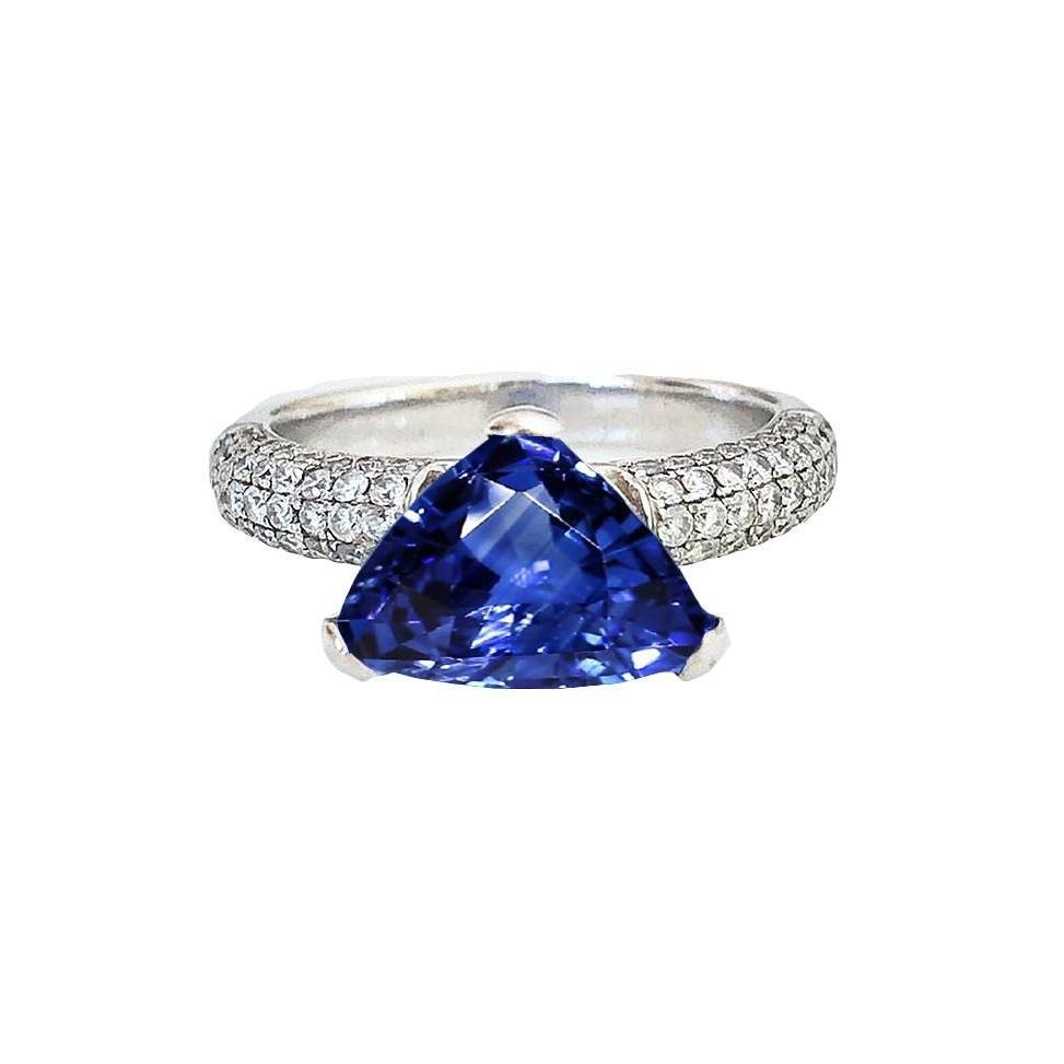 Trillion Gemstone Ceylon Sapphire Ring Pave Set Diamonds 3.50 Carats