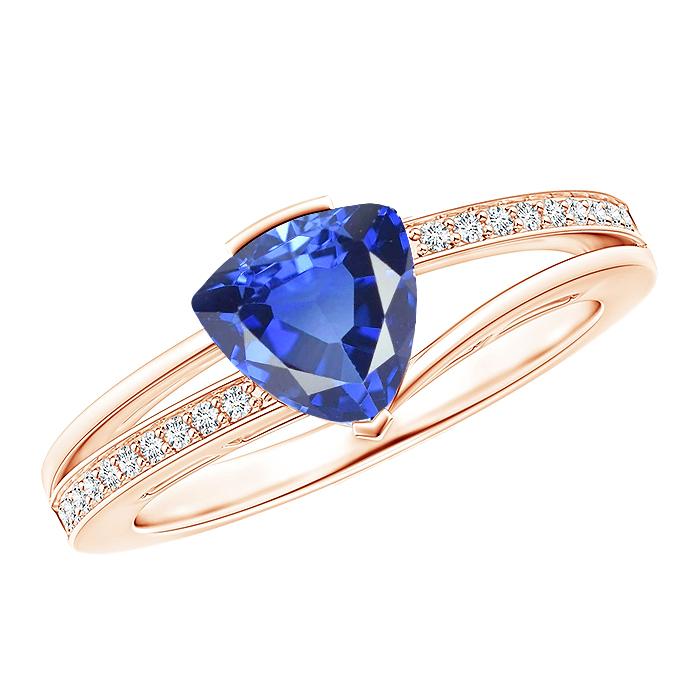 Trillion Sapphire Gemstone Ring 2 Carats Split Shank Diamond Rose Gold