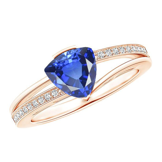 Trillion Sapphire Gemstone Ring 2 Carats Split Shank Diamond Rose Gold