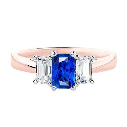 Two Tone 3 Stone Diamond Radiant Sapphire Gemstone Ring 1.50 Carats