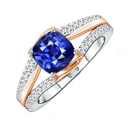 Two Tone Natural Earth Mined Diamond Engagement Ring With Cushion Blue Sapphire 2.50 Carat