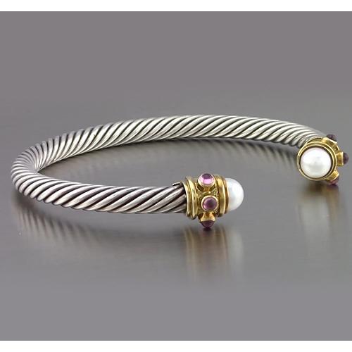 Two Tone Gold 14K Pearl & Pink Sapphire Bracelet 0.30 Carats Jewelry