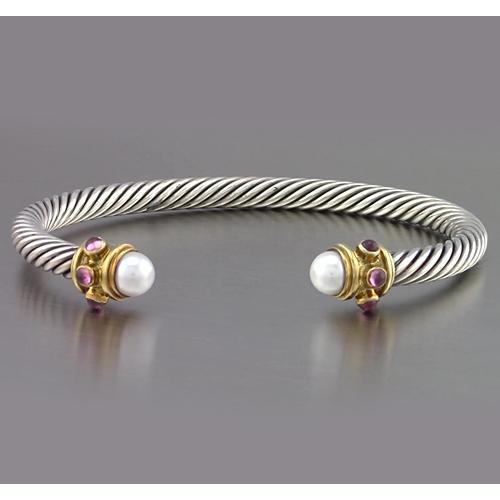 Two Tone Gold 14K Pearl & Pink Sapphire Bracelet 0.30 Carats Jewelry