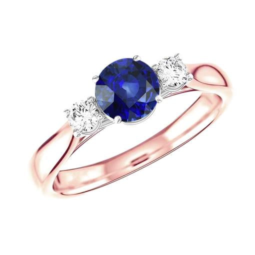 Two Tone Gold 3 Stone Wedding Ring Round Ceylon Sapphire 2 Carats