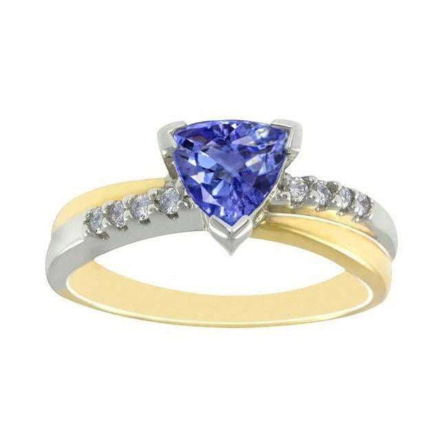 Two Tone Gold Trillion AAA Tanzanite & Round Diamonds Ring 2.60 Carat