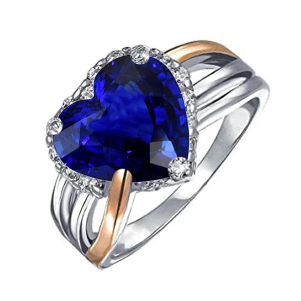 Two Tone Halo Heart Ceylon Sapphire Ring Triple Shank 4 Carats