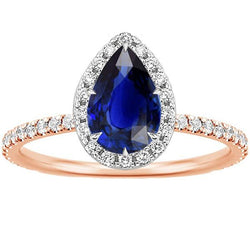 Two Tone Halo Ring Pear Blue Sapphire & Natural Earth Mined Diamonds 4 Carats Jewellery