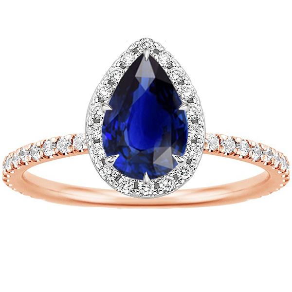 Two Tone Halo Ring Pear Blue Sapphire & Diamonds 4 Carats Jewelry