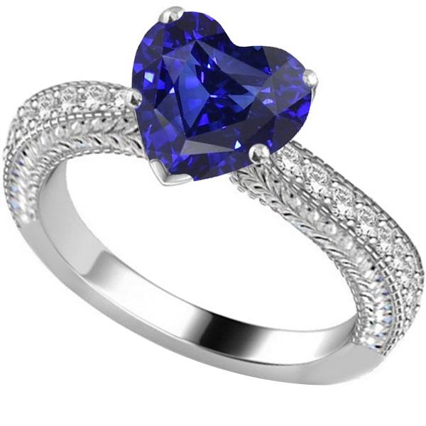 Vintage Style Diamond Ring 4 Carats Natural Blue Sapphire Heart Cut