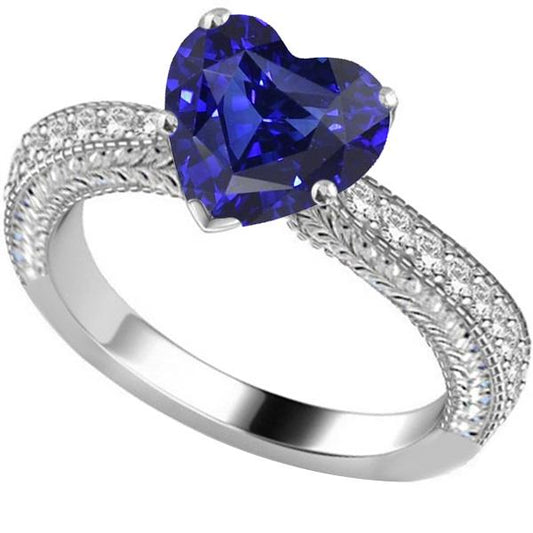 Vintage Style Diamond Ring 4 Carats Natural Blue Sapphire Heart Cut