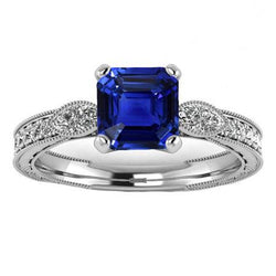 Vintage Style Gemstone Ring Asscher Blue Sapphire With Accents 3 Carat