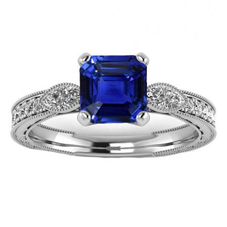 Vintage Style Gemstone Ring Asscher Blue Sapphire With Accents 3 Carat