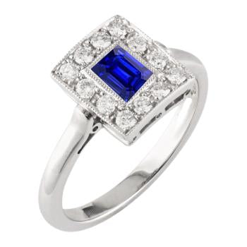 Vintage Style Halo Ring Emerald Shaped Sapphire 2 Carats Gold Milgrain