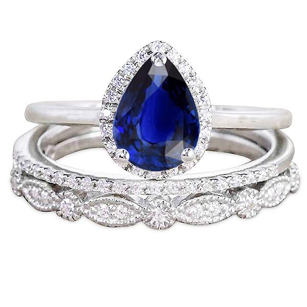 Vintage Style Halo Wedding Ring Pear Cut Blue Sapphire Set 3.50 Carats